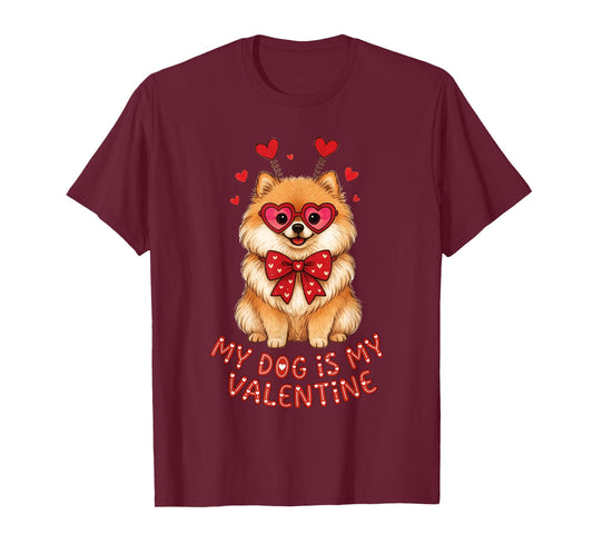 My Dog is My Valentine Cute Pomeranian with Heart Glasses T-Shirt