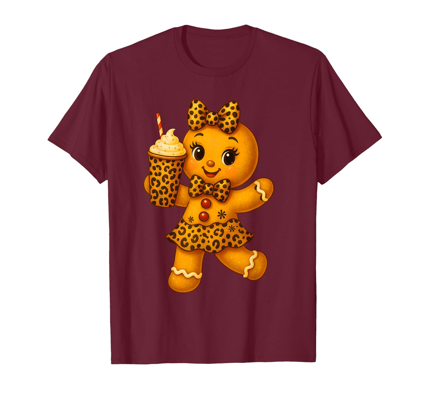 Cute Leopard Gingerbread Girl Christmas Cookie Coquette Bow T-Shirt