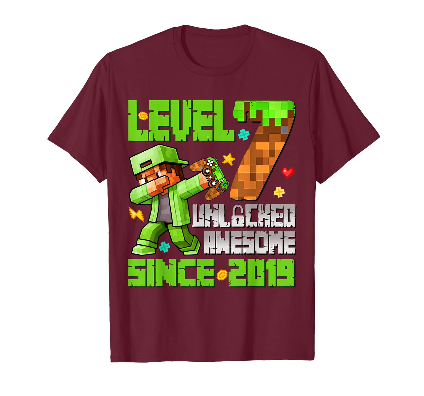 Level 7 Unlocked Awesome Since 2019 7th Birthday Game Pixel T-Shirt