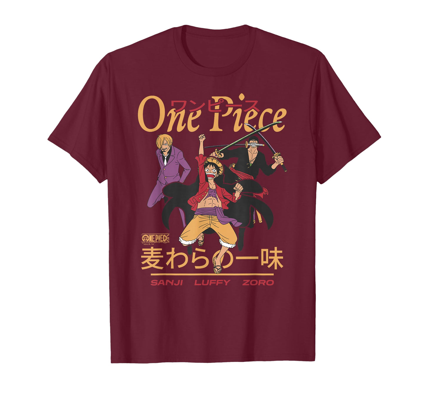 One Piece Anime Sanji Luffy Zoro Kanji Collage Pirate T-Shirt