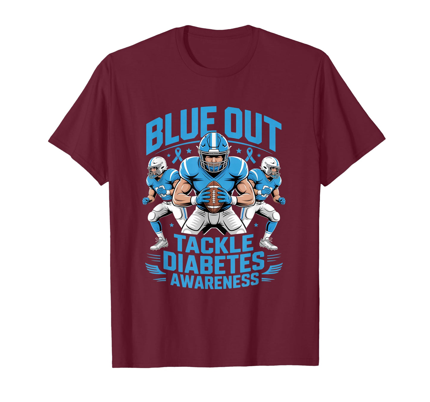 Blue Out Tackle Diabetes Awareness Football Blue Ribbon T-Shirt