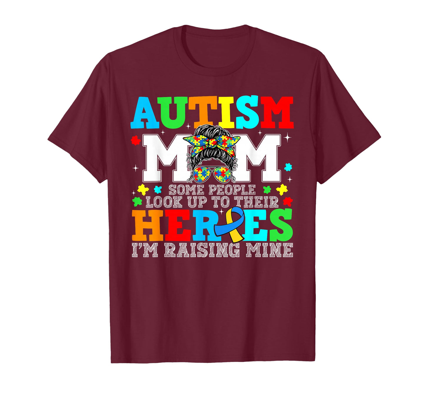 Autism Awareness Puzzle Messy Bun Raising Hero Mom Women T-Shirt