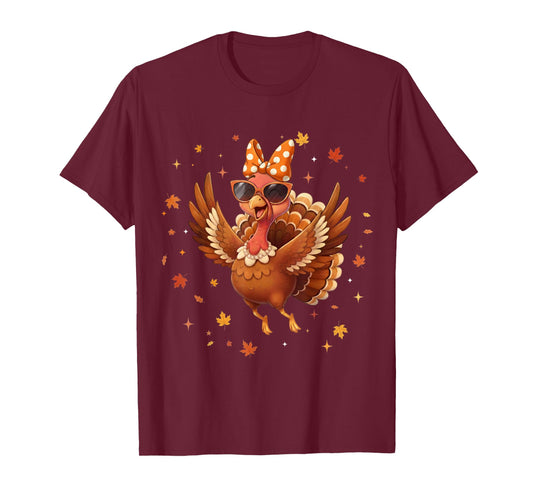 Funny Thanksgiving Fall Happy Turkey Dancing Coquette Bow T-Shirt