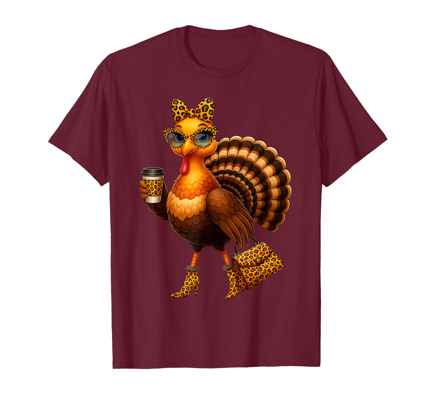 Leopard Turkey Drinking Coffee Thanksgiving Women Turkey T-Shirt