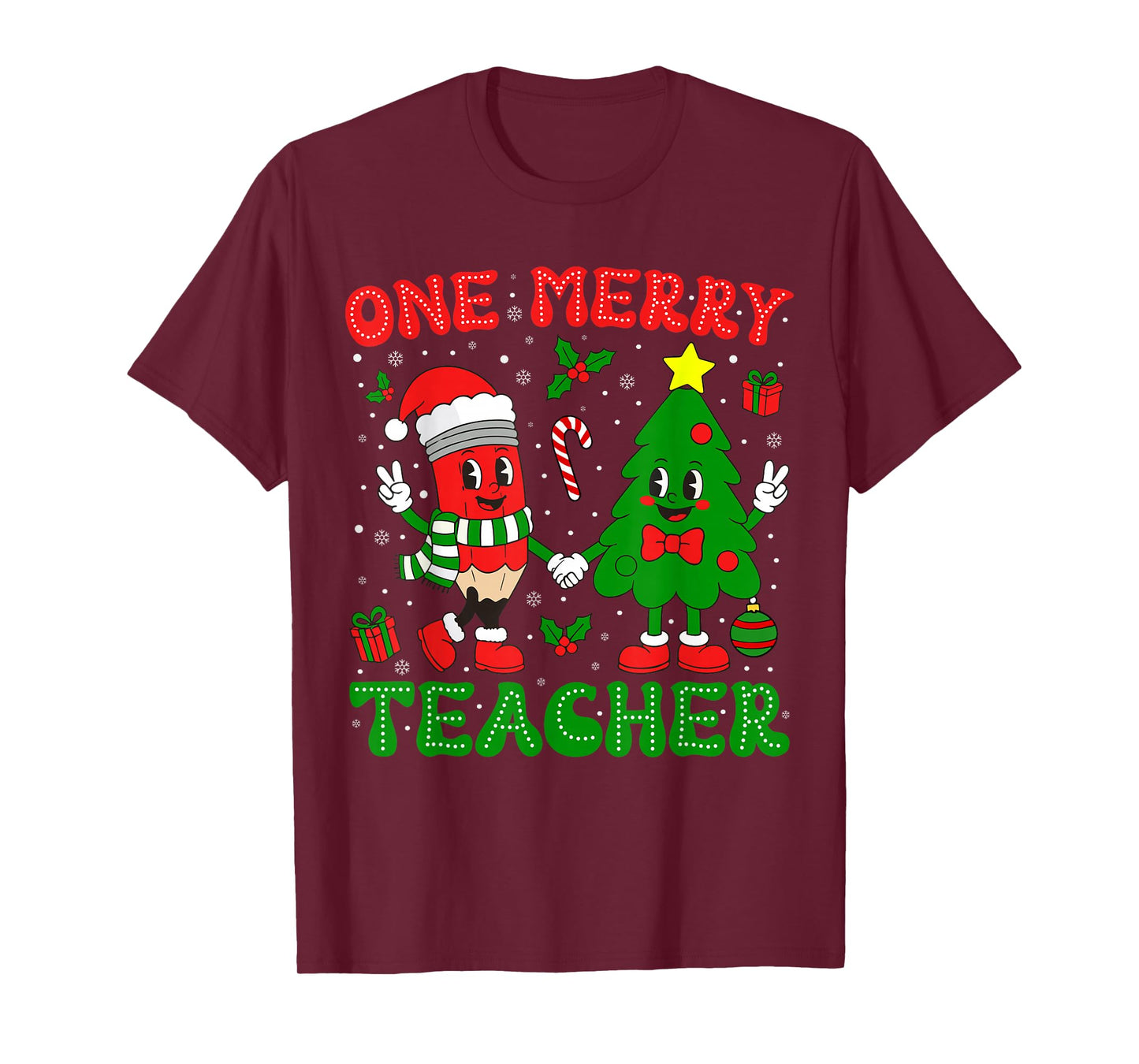One Merry Teacher Groovy Christmas Tree Xmas Teacher T-Shirt