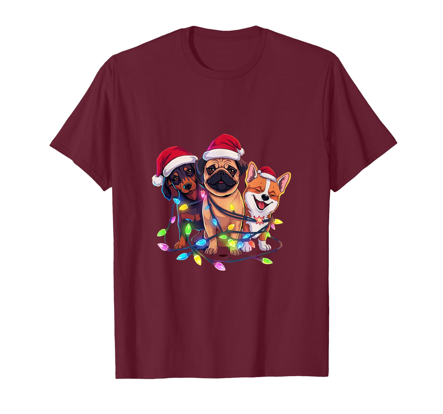 Festive Christmas Dogs with Lights and Santa Hats T-Shirt