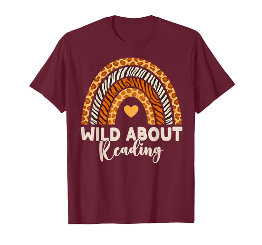 Wild About Reading Teacher Kids Girls Animal Print Rainbow T-Shirt