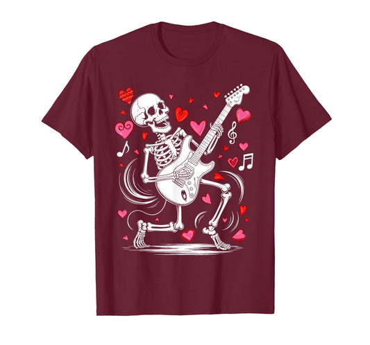 Funny Valentine Skeleton Playing Guitar Rock and Roll T-Shirt