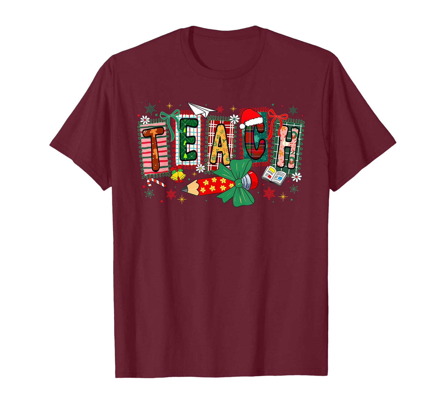 Preppy Teach Merry Christmas Pencil Coquette Bow Teacher T-Shirt