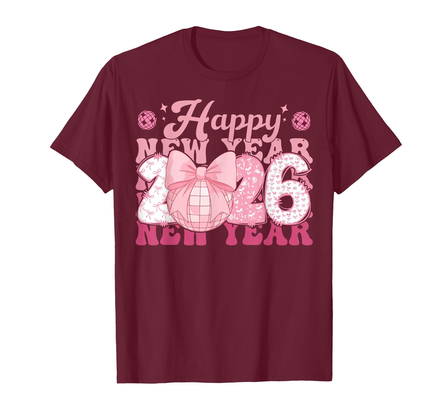 Happy New Year 2026 Disco Ball Pink Coquette Bow Women T-Shirt