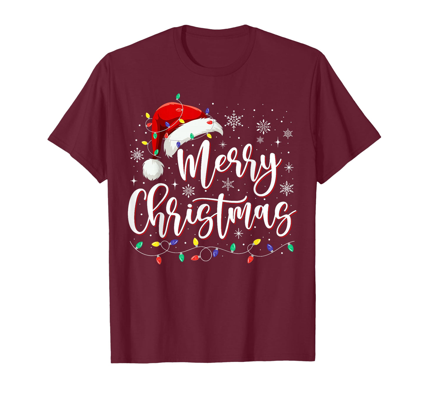 Merry Christmas Lights Red Santa Hat Xmas Family Matching T-Shirt