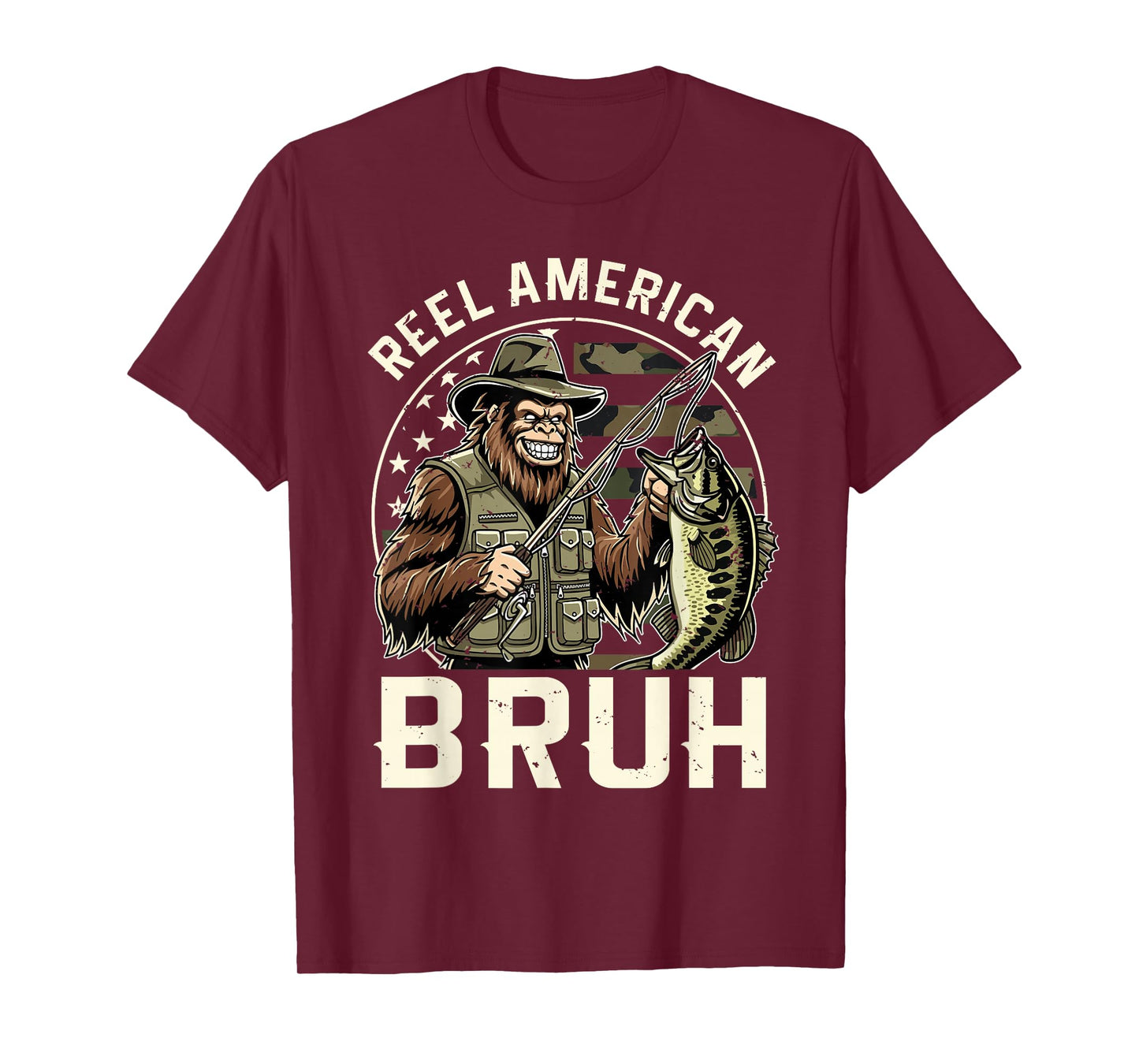 Reel American Bruh Bigfoot USA Flag Camo Fishing T-Shirt