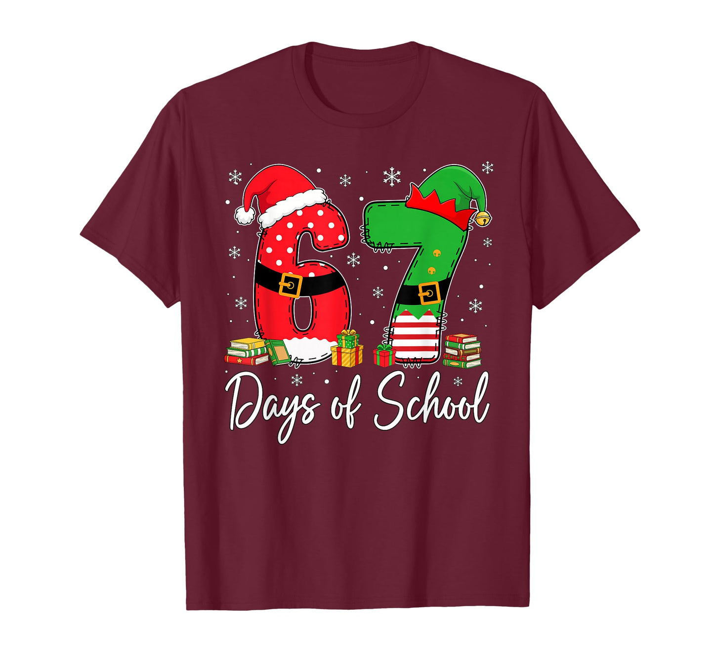 Happy 67 Days of School Six Seven 67 Christmas Santa Elf Kid T-Shirt
