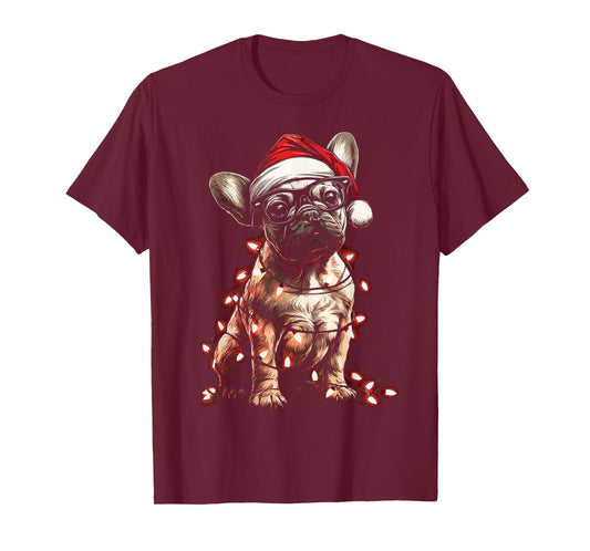 Christmas French Bulldog with Glasses Santa Hat Festive Dog T-Shirt