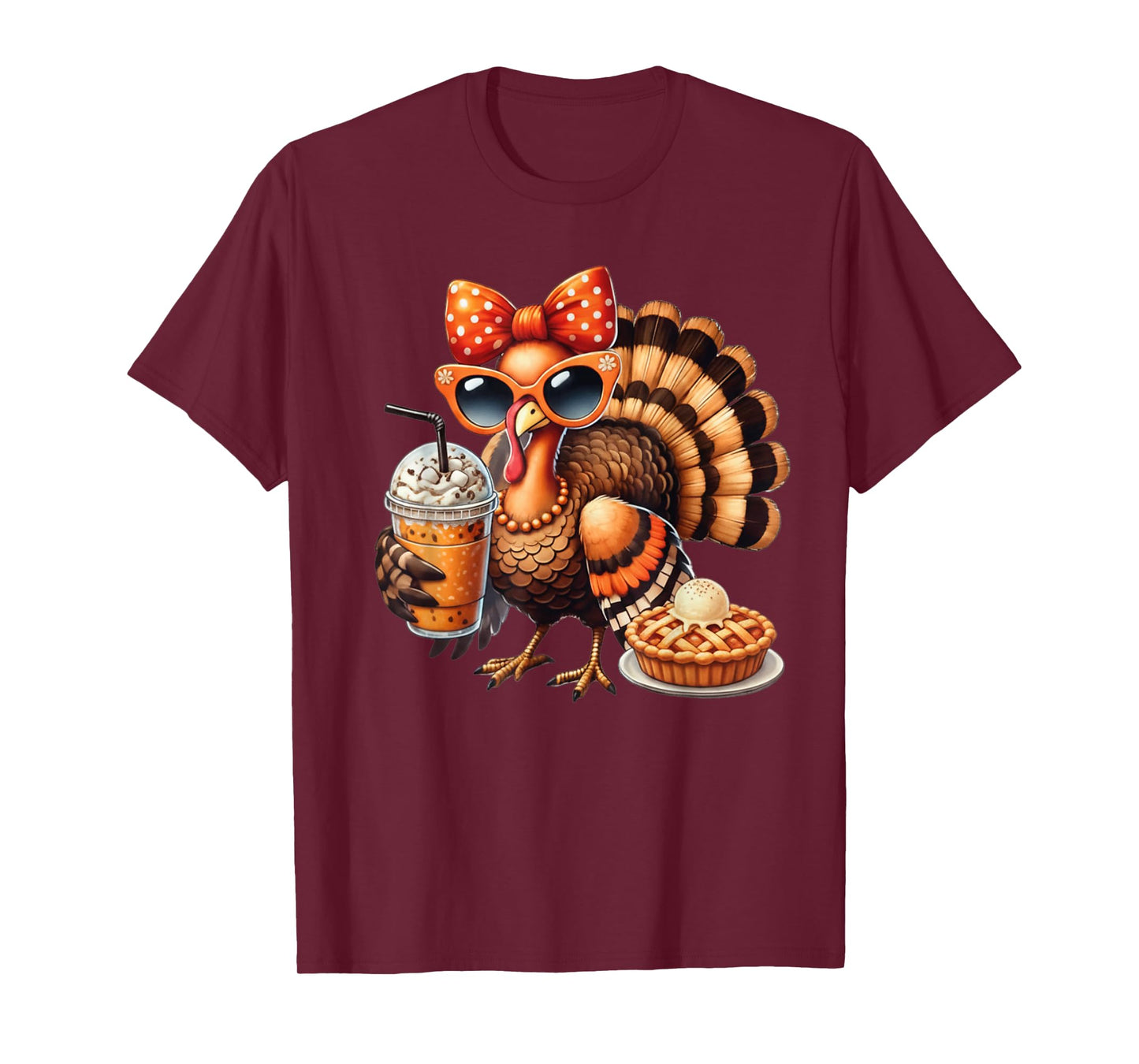 Turkey Drinking Coffee Bow Thanksgiving Womens Turkey Day T-Shirt