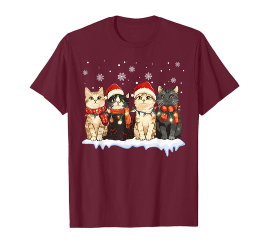 Cat Christmas Light Reindeer Santa Christmas Cat Lover T-Shirt
