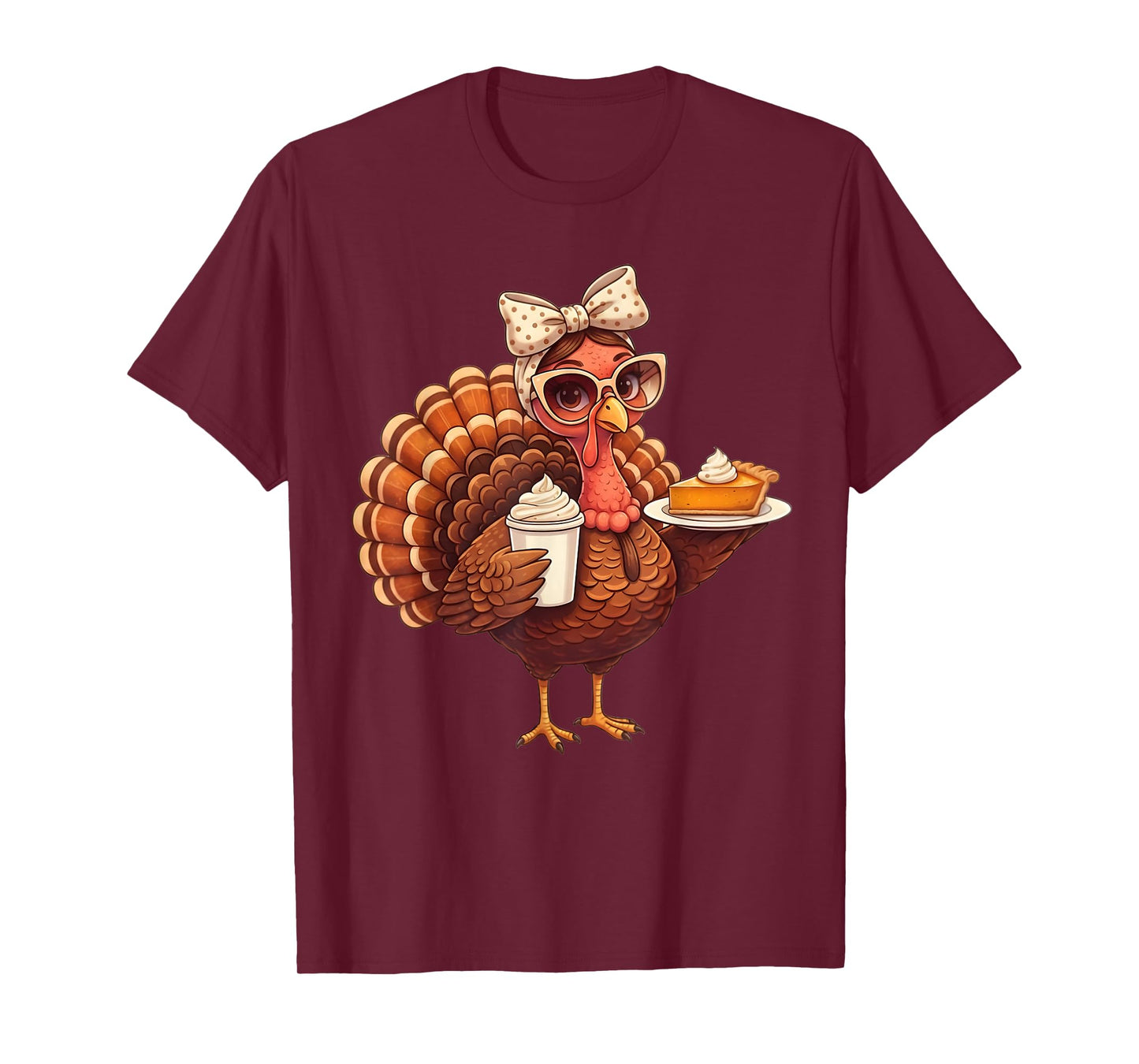 Turkey Drinking Coffee Thanksgiving Bow Turkey Day Womens T-Shirt