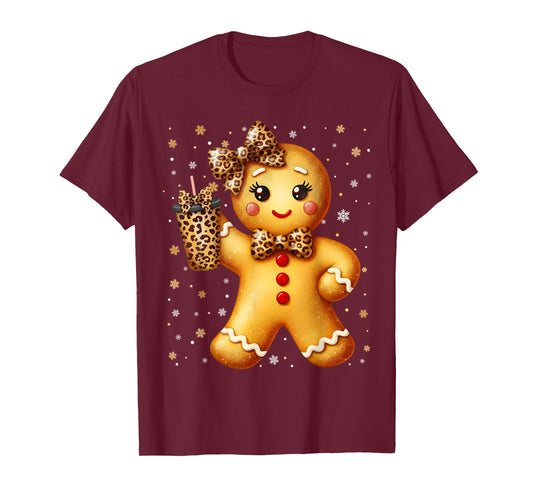 Cute Gingerbread Leopard Coquette Christmas Xmas Girl Women T-Shirt