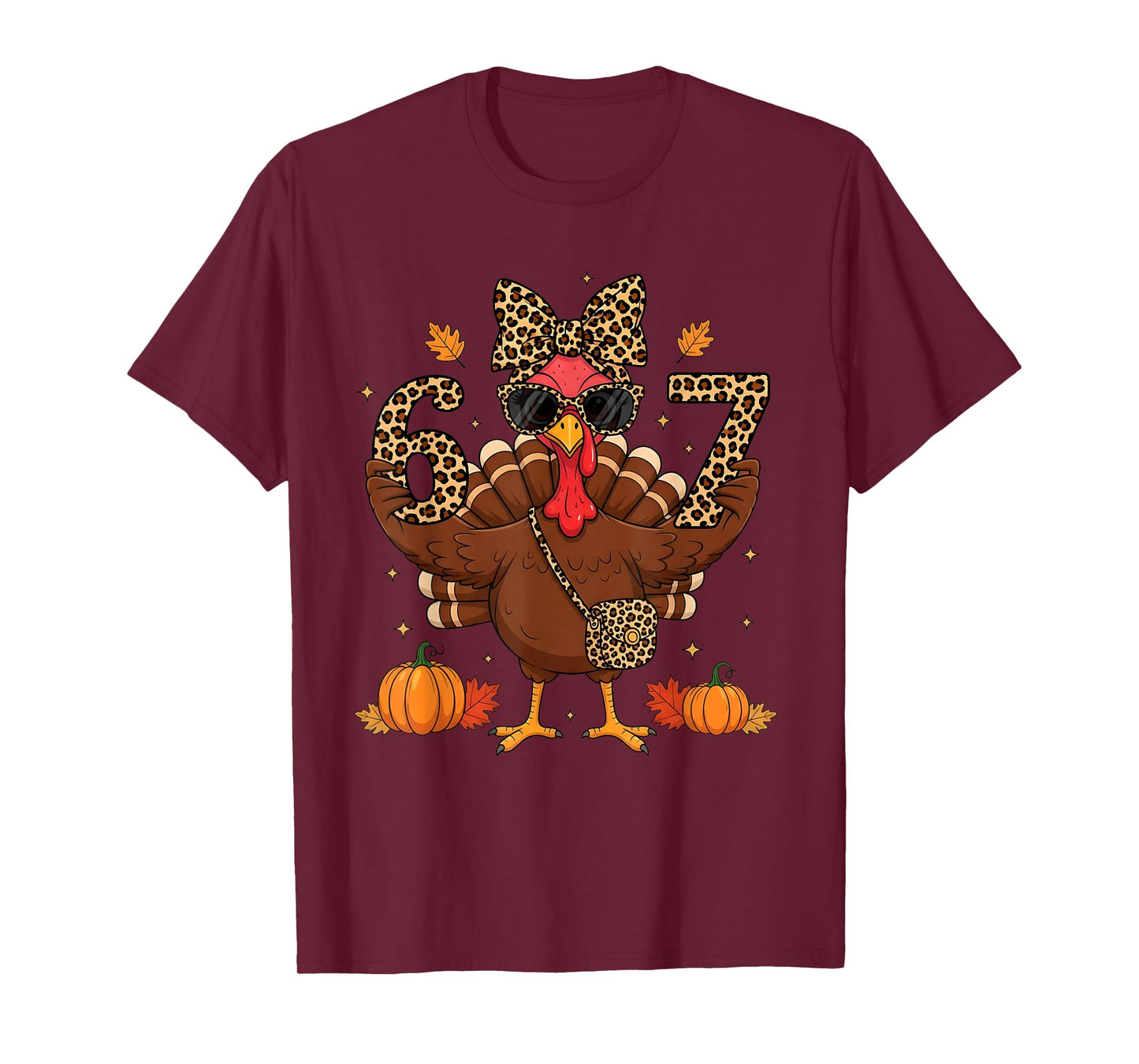 Funny 6 7 Thanksgiving Leopard Bow Turkey six Seven Teacher T-Shirt