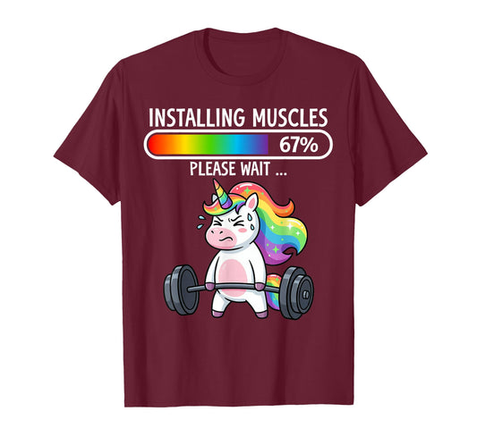 Cute Rainbow Unicorn Installing Muscles 67% Loading Fitness T-Shirt