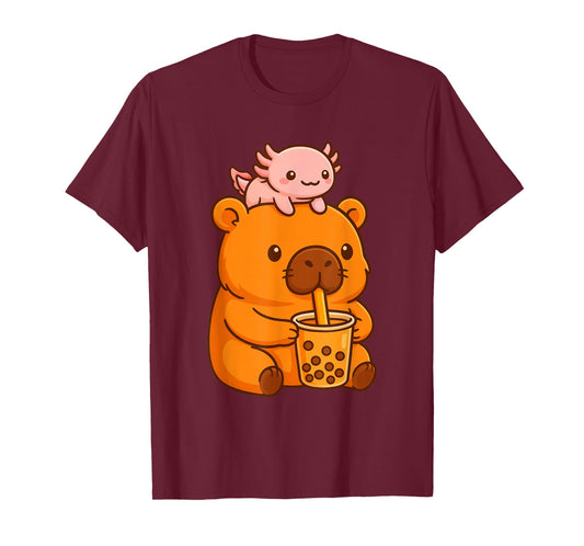 Cute Capybara Drinking Bubble Tea and Axolotl Kawaii Kids T-Shirt