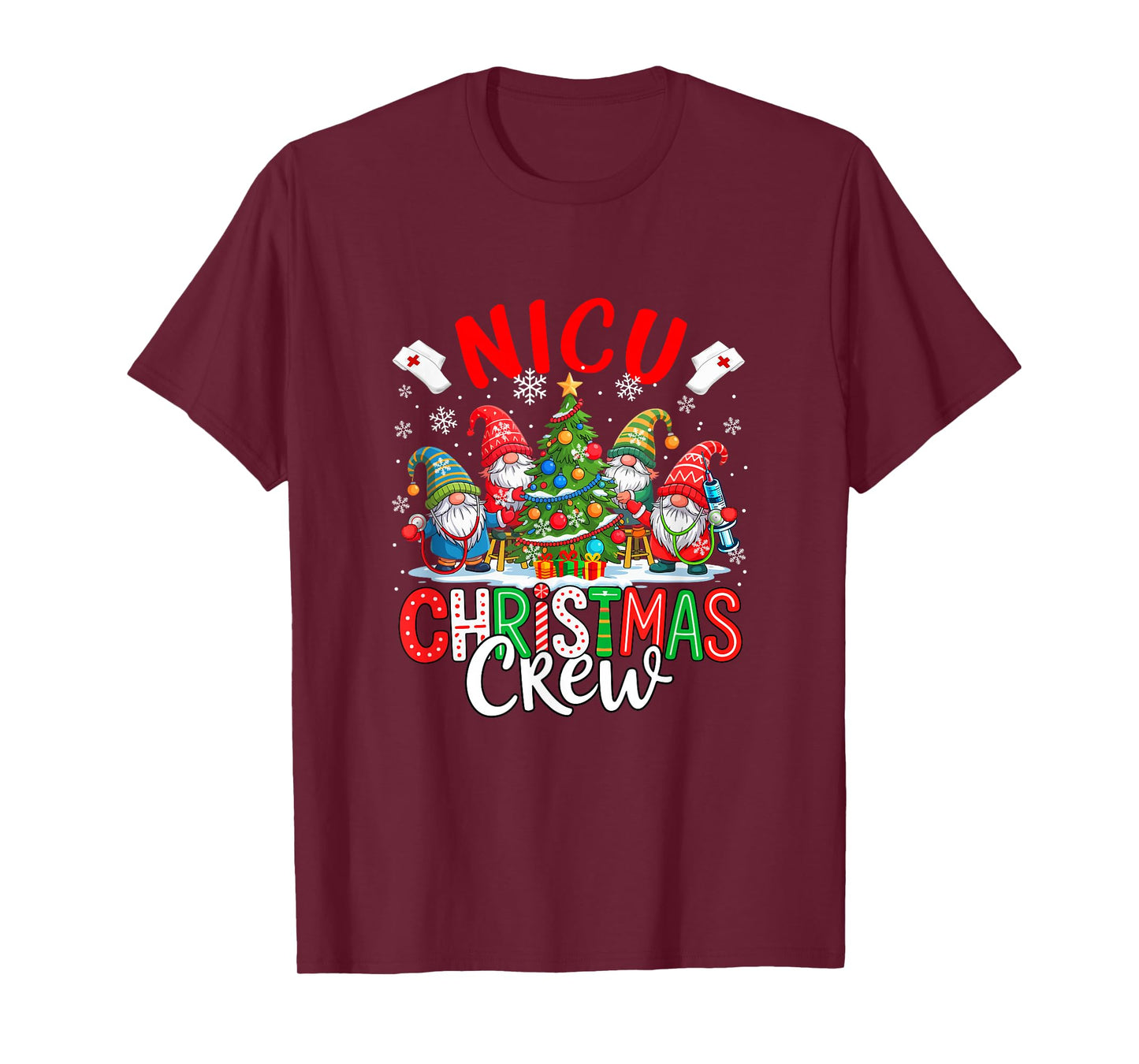 NICU Christmas Crew Group Gnomes Nurses Decorating Xmas Tree T-Shirt