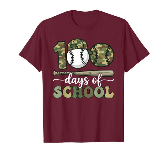 100 Days of School Baseball Camo Art for Boys Kids Students T-Shirt