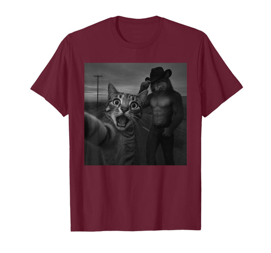 Cat Selfie with Alpha Wolf Meme Cringe Unhinged Funny Men T-Shirt