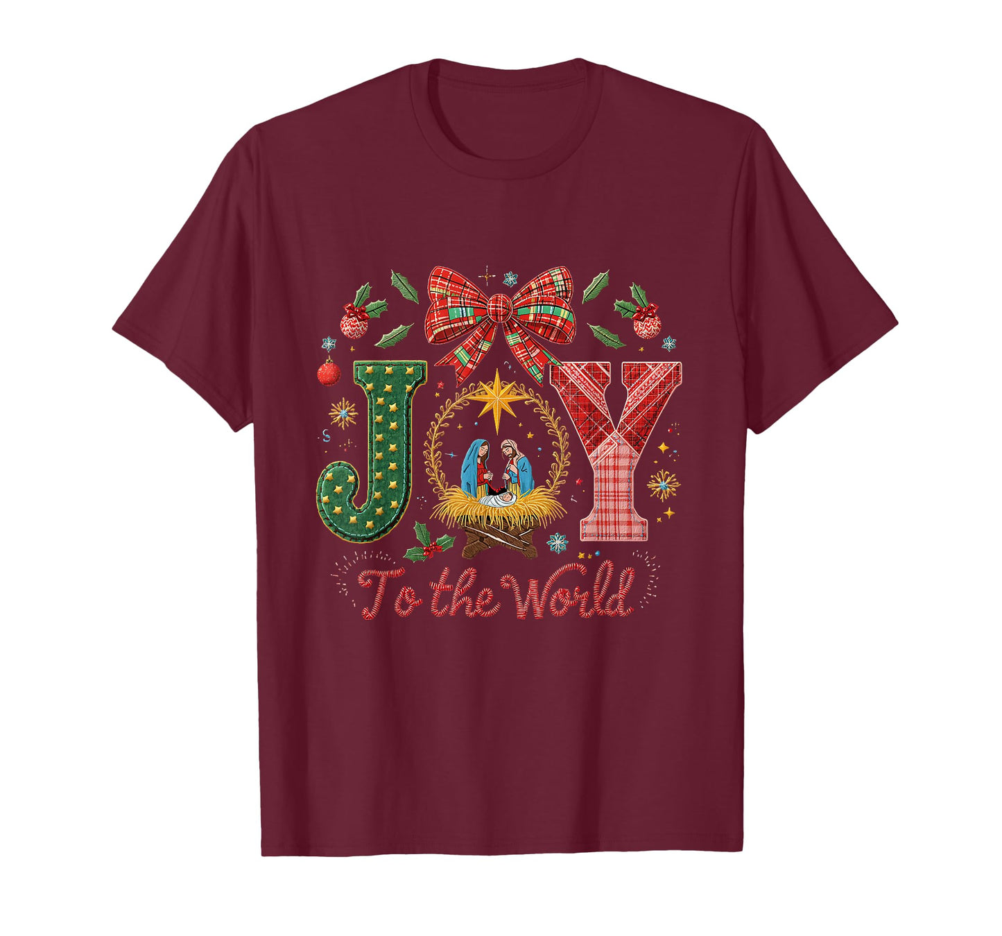 Joy to The World Patchwork Nativity Christmas T-Shirt
