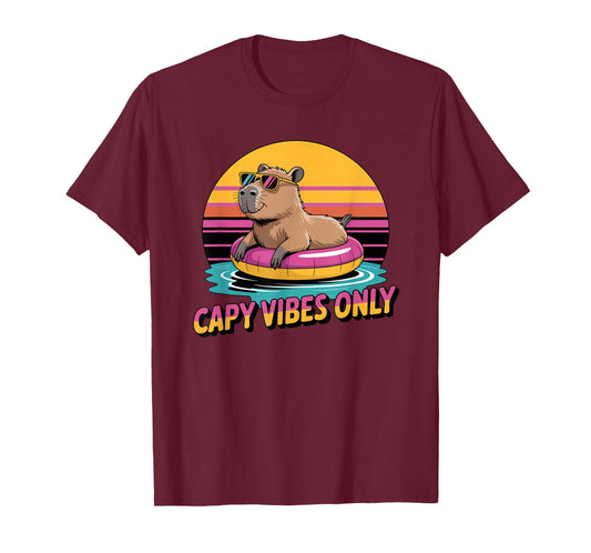 Capy Vibes Only Retro Sunset Capybara Summer Vacation T-Shirt