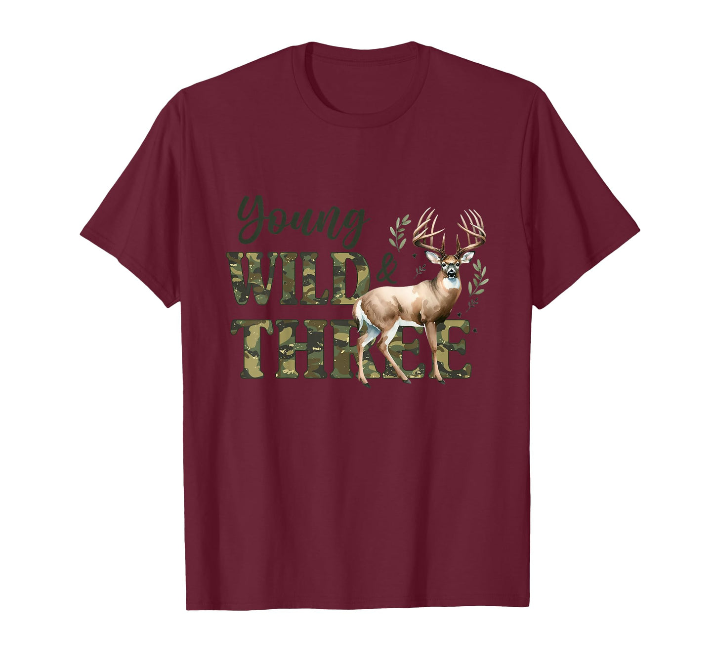 Young Wild & Three Camo Deer Hunting 3rd Birthday Boys Kids T-Shirt
