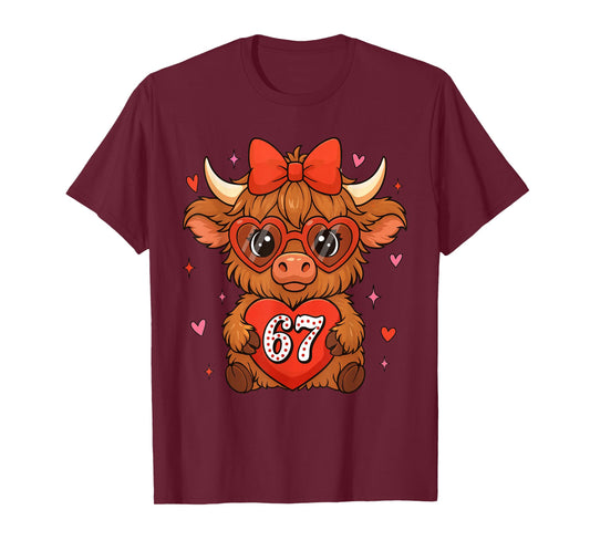 67 Meme Six Seven Cute Valentine Highland Cow Coquette Women T-Shirt