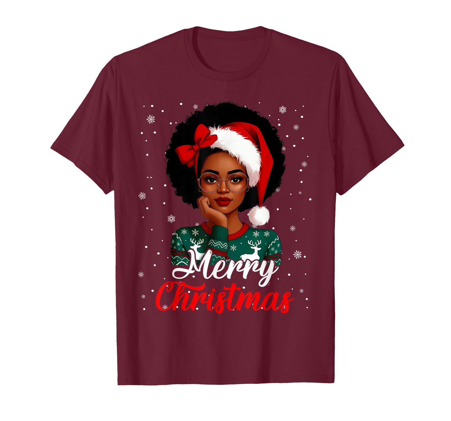 Black Girl Afro Santa Hat Merry Christmas African American T-Shirt
