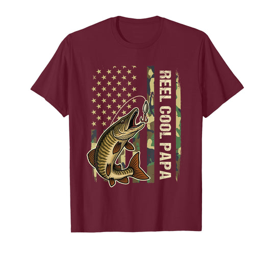 Reel Cool Papa Muskie Fishing Fisherman Musky American Flag T-Shirt