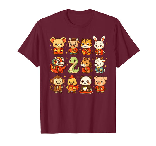 Lunar New Year Cute Animals 12 Chinese Zodiac Signs Order T-Shirt
