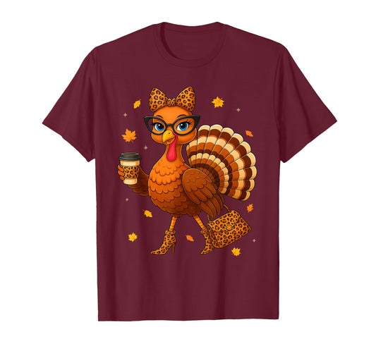 Turkey Drinking Coffee Thanksgiving Leopard Women Turkey Day T-Shirt