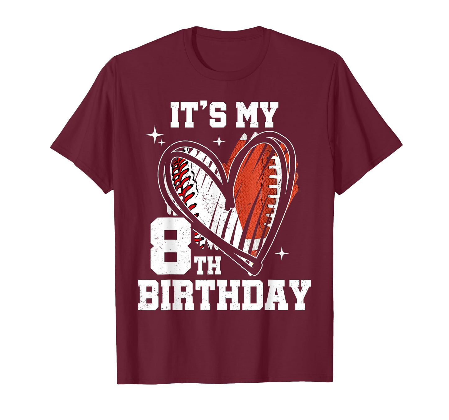 It's My 8th Birthday Baseball Football Heart 8 Year Old T-Shirt