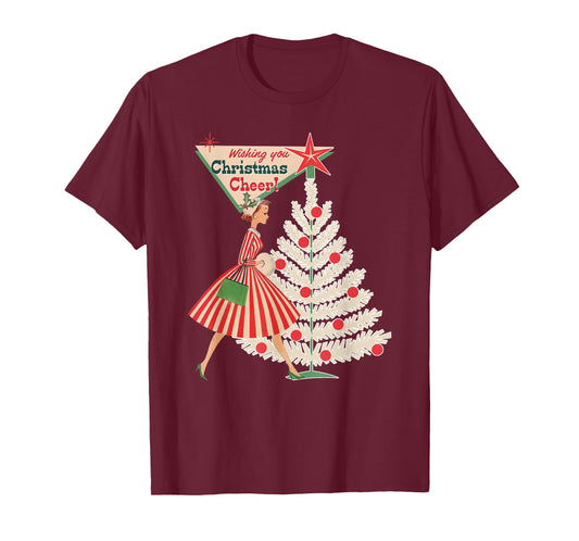 Vintage Retro 1950s Lady Wishing A Christmas Cheer Xmas Tree T-Shirt