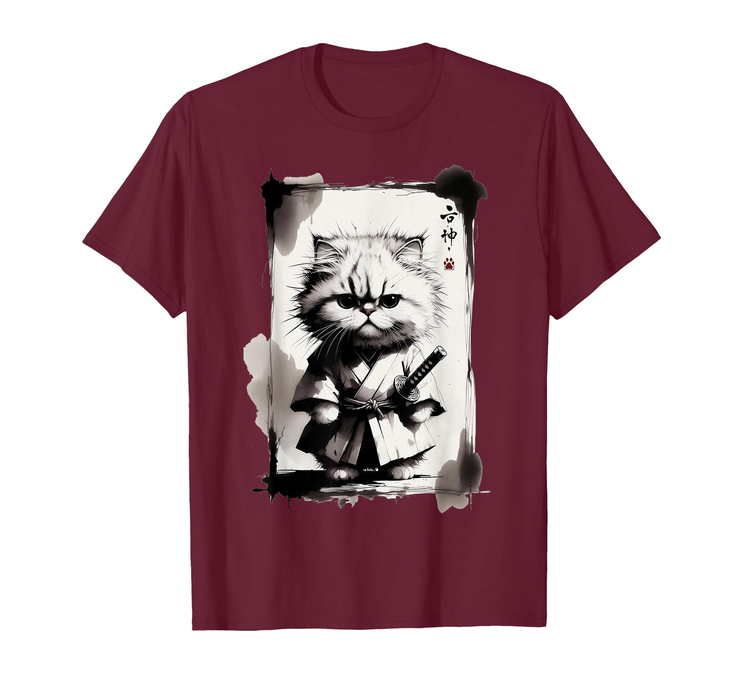 Kawaii Samurai Cat Japanese Art Sumi-e Novelty Funny Cat T-Shirt