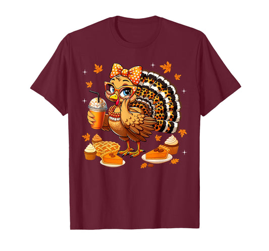 Leopard Turkey Drinking Coffee Bow Thanksgiving Women Girls T-Shirt