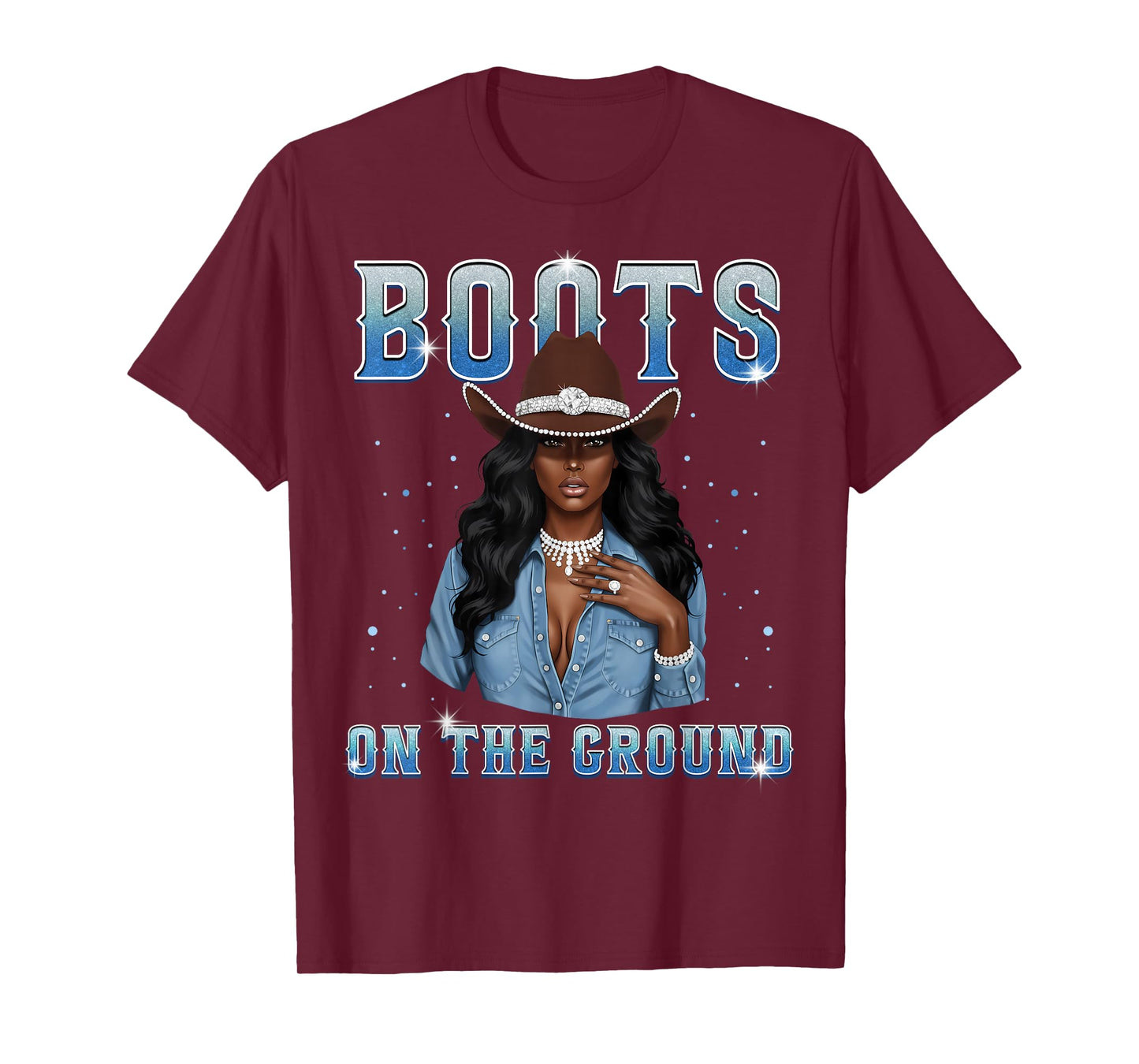 Afro Black Melanin Queen Western Cowgirl Hat Boots On Ground T-Shirt