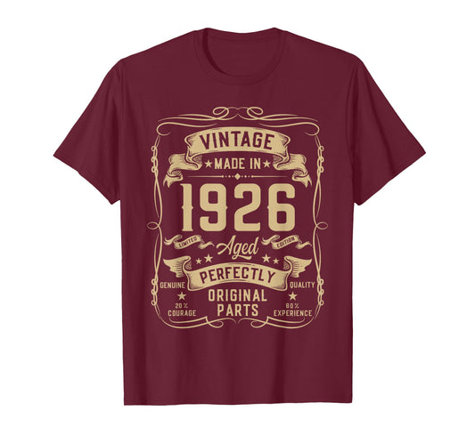 Vintage 1926 100yr 100th Birthday Gifts for Men 100 Year Old T-Shirt