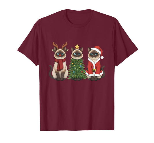 Santa Cat Christmas Siamese Cat Mom Cat Lover Xmas Pajama T-Shirt