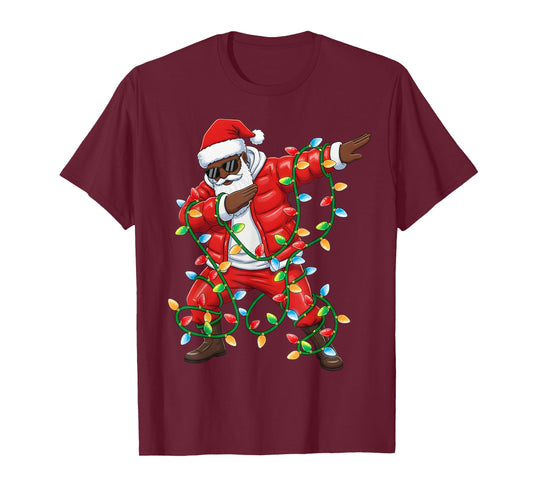 Dabbing African American Santa Xmas Lights Boys Christmas T-Shirt
