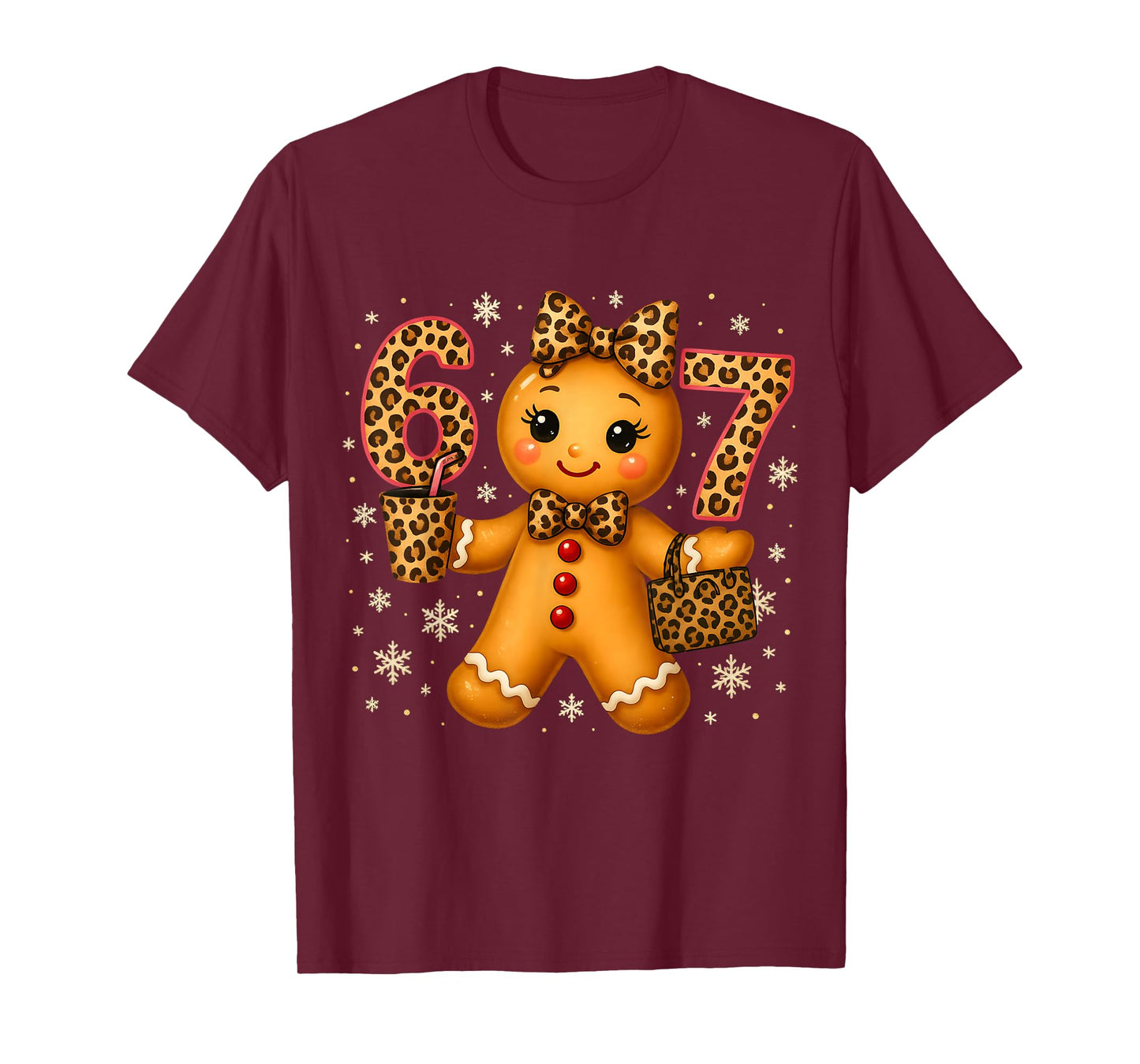 Funny 6 7 Christmas Leopard Bow Gingerbread Girls Women T-Shirt
