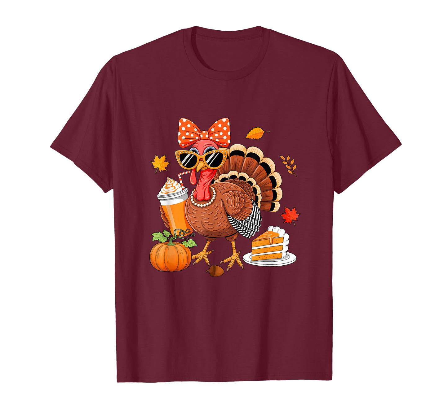 Turkey Drinking Coffee Bow Thanksgiving Womens Turkey Day T-Shirt