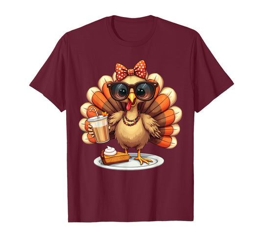 Turkey Drinking Coffee Bow Thanksgiving Womens Turkey Day T-Shirt