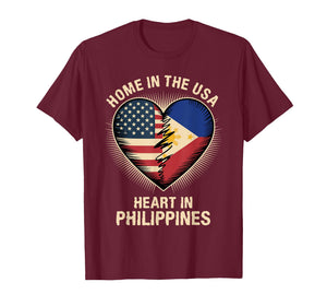 Home in The USA Heart in Philippines Filipino American T-Shirt