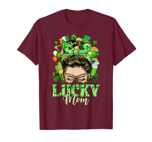 Messy Bun Hair Lucky Mom Shamrocks St Patrick's Day Women T-Shirt