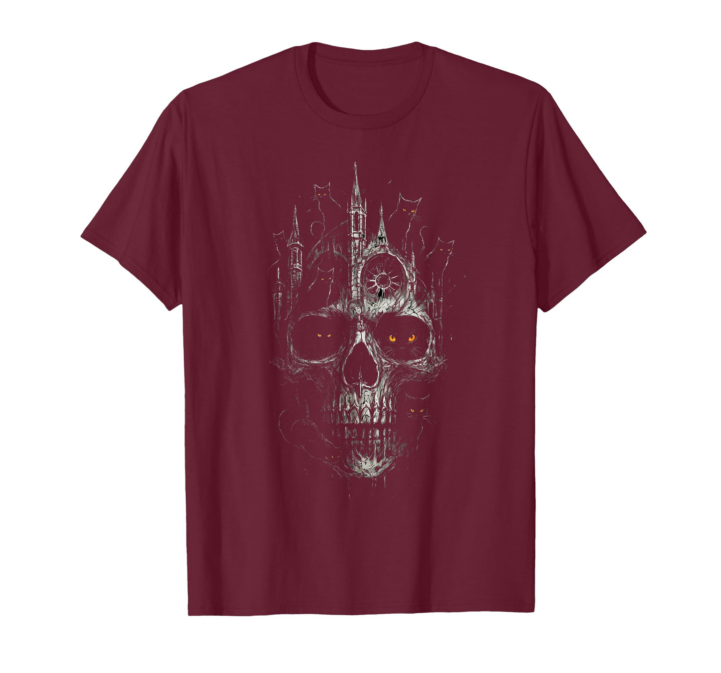 Gothic Skull Cathedral with Black Cats Dark Fantasy Art T-Shirt